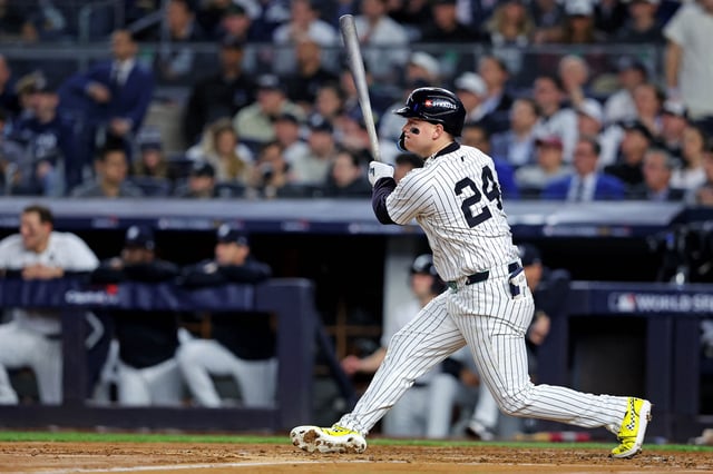 Oct 30, 2024; New York, New York, USA; New York Yankees outfielder Alex Verdugo (24) hits an RBI single during the second inning against the Los Angeles Dodgers in game four of the 2024 MLB World Series at Yankee Stadium. Mandatory Credit: Brad Penner-Imagn Images/ File Photo