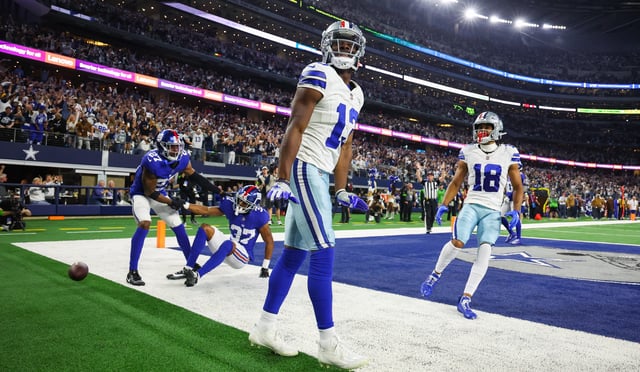 Nov 12, 2023; Arlington, Texas, USA;  Dallas Cowboys wide receiver Michael Gallup (13) reacts after making a touchdown  catch past New York Giants cornerback Tre Hawkins III (37) during the second half at AT&T Stadium. Mandatory Credit: Kevin Jairaj-USA TODAY Sports/ File Photo