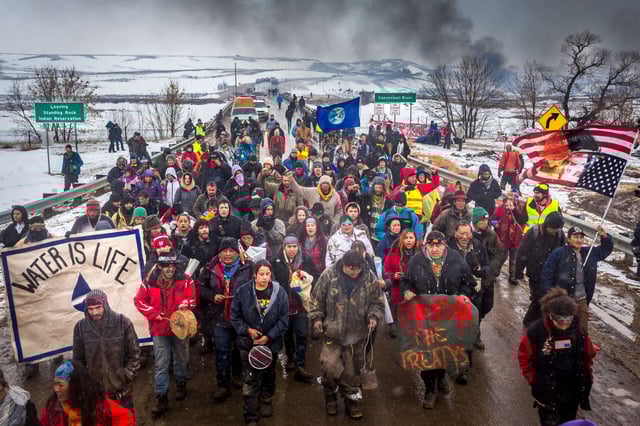 Indigenous Water Protectors and other environmental activists protest the Dakota Access Pipeline (DAPL) in North Dakota on February 22, 2017.