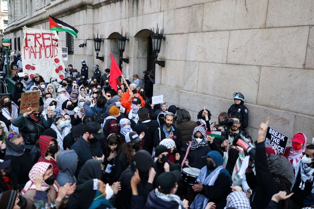 Pro-Palestine activist demonstrate in front of Columbia University in support of Mahmoud Khalil, in New York on March 14, 2025.