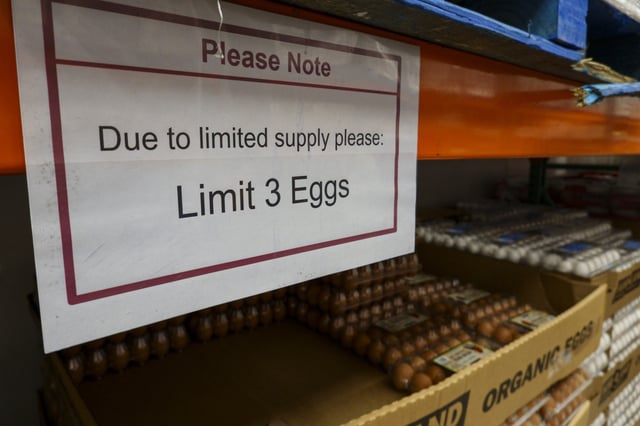 A note limiting customers to three packs of Kirkland Signature brand cage-free eggs hangs at a Costco Wholesale store on March 7, 2025 in San Diego, California.