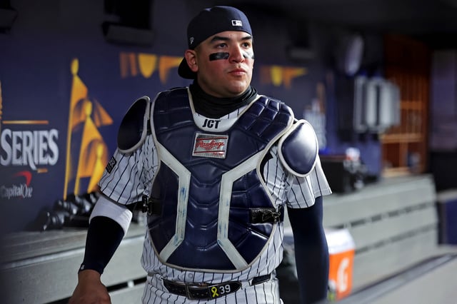 Oct 28, 2024; New York, New York, USA; New York Yankees catcher Jose Trevino (39) walks to the bull pin to warm up before playing against the Los Angeles Dodgers in game three of the 2024 MLB World Series at Yankee Stadium. Mandatory Credit: Brad Penner-Imagn Images/ File Photo