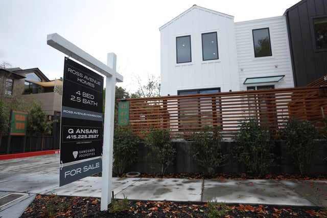 A for sale sign is posted in front of a home on March 22, 2023 in San Anselmo, California.