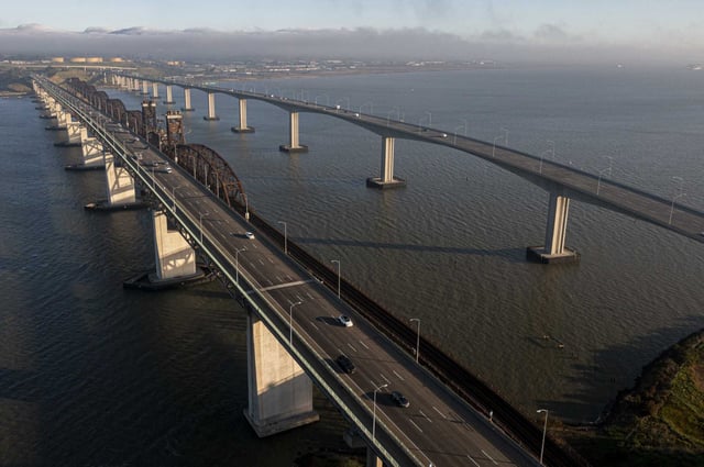 The Benicia-Martinez Bridge in Martinez. A new report from the National Transportation Safety Board raises concerns that the Golden Gate Bridge, along with four other Bay Area spans, could be at risk of collapsing due to a ship strike. 