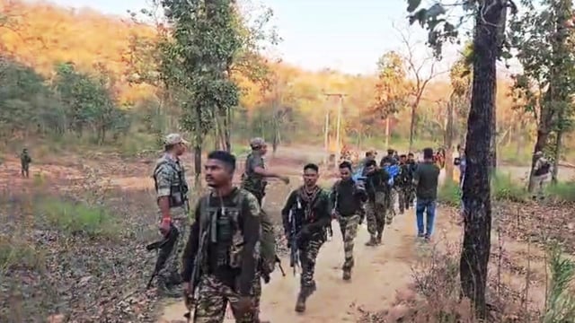 Security personnel during an encounter with Naxalites, in Bijapur district, Chhattisgarh, Thursday. (PTI)