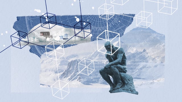 Illustration of Rodin's Thinker in an Antarctic setting