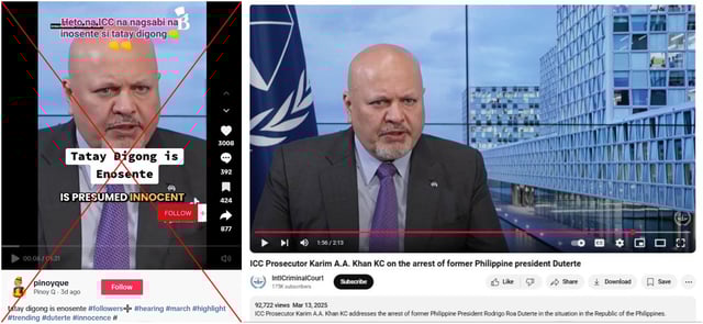 Screenshot comparison of the false TikTok post (L) and the ICC's video of Karim Khan
