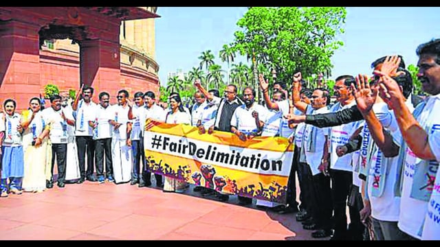 DMK MPs stage a protest on the issue of delimitation, at Parliament House premises in New Delhi on Thursday. (ANI PHOTO)