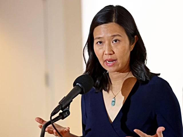 Mayor Wu speaks as the Mayor and City leaders hold a press conference on violence and drug use in DTC on February 26. (Staff Photo By Stuart Cahill/Boston Herald)