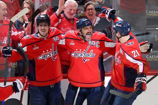 Alex Ovechkin of the Washington Capitals celebrates with teammates after scoring his 888th career NHL goal in a victory over the Philadelphia Flyers
