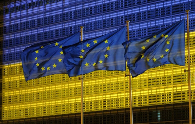 Belgium, Brussels: facade of the Berlaymont building lit up in the colours of the Ukrainian flag (2022/05/08). (Photo by: Monasse T/Andia/Universal Images Group via Getty Images)