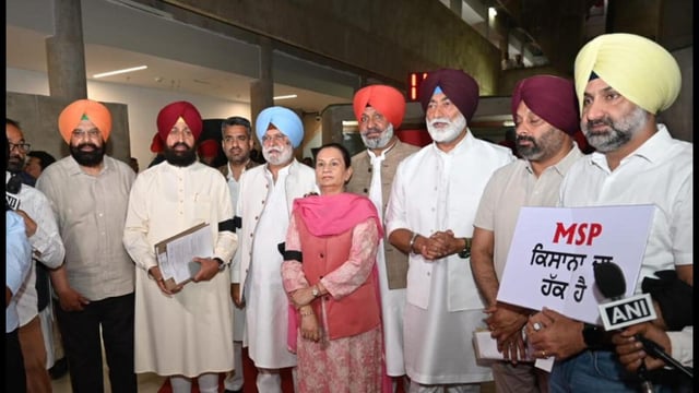 Congress MLAs after walking out of the Punjab assembly in Chandigarh during governor Gulab Chand Kataria’s address on the opening day of the budget session on Friday. (Ravi Kumar/HT)