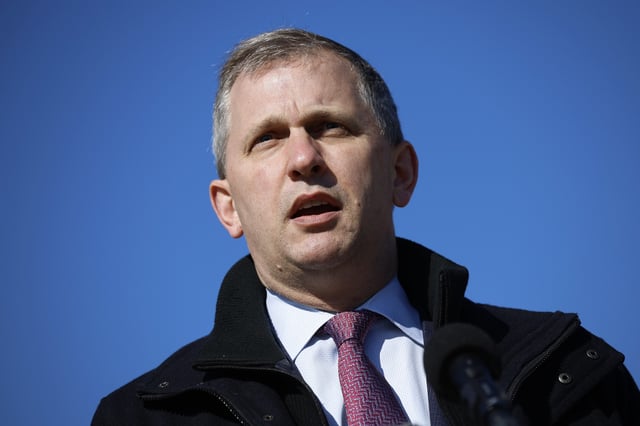 Stock photograph showing Rep. Sean Casten speaking during a news conference to introduce legislation on safe gun storage outside the U.S. Capitol on February 08, 2022 in Washington, DC.