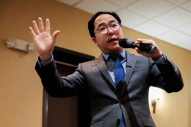 Democratic U.S. Senator Andy Kim speaks at a town hall meeting for constituents at Teamsters Local 331 Hall in Egg Harbor City, New Jersey, U.S. March 20, 2025.