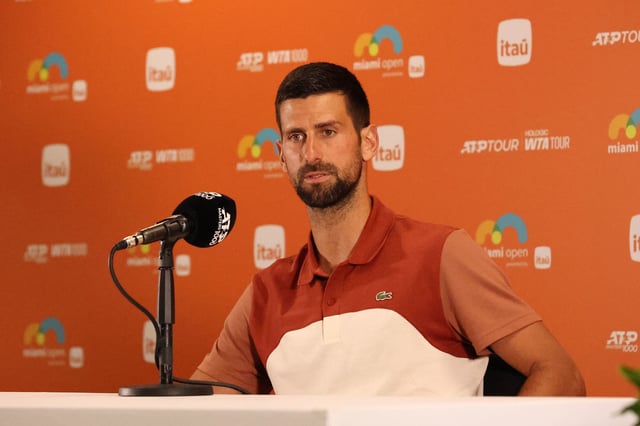 Novak Djokovic talks to the media at the Miami Open in Miami Gardens, Florida, on March 20, 2025.