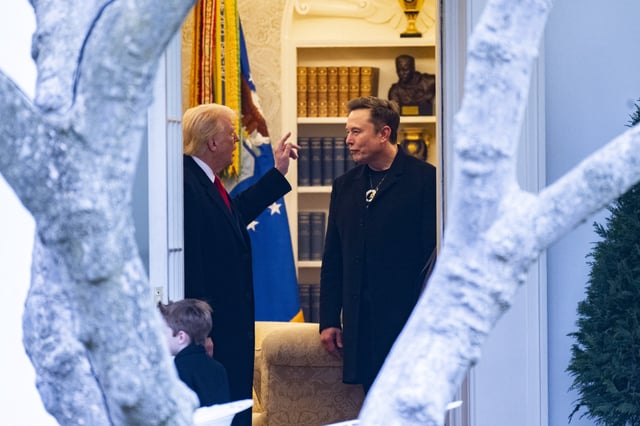 US President Donald Trump and Elon Musk (R) speak before departing the White House on his way to his South Florida home in Mar-a-Lago in Florida on March 14, 2025.