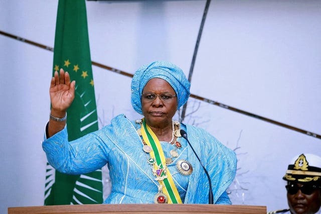 Namibia's first female President, Netumbo Nandi-Ndaitwah gestures during her inauguration at the State House in Windhoek, Namibia, March 21, 2025. REUTERS/Stringer