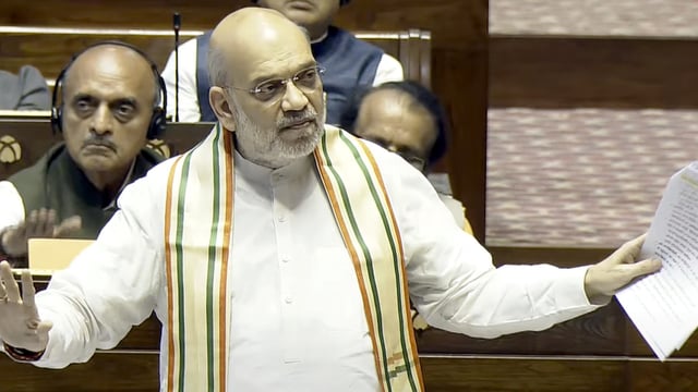 Union home minister Amit Shah in the Rajya Sabha during the Budget session of Parliament, in New Delhi, Friday, March 21, 2025.