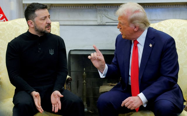 U.S. President Donald Trump meets with Ukrainian President Volodymyr Zelenskiy at the White House in Washington, D.C., U.S., February 28, 2025. REUTERS/Brian Snyder/File Photo