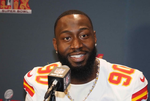 Feb 4, 2025; New Orleans, LA, USA;  Kansas City Chiefs defensive end Charles Omenihu (90) at a press conference in advance of Super Bowl LIX at New Orleans Marriott. Mandatory Credit: Kirby Lee-Imagn Images/File Photo