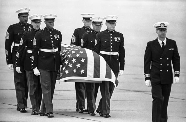 U.S. Marine Corps pallbearers carry the casket holding the body of slain U.S. Drug Enforcement agent Enrique Camarena Salazar after it arrived at North Island Naval Air Station, in San Diego, Calif., on March 8, 1985.