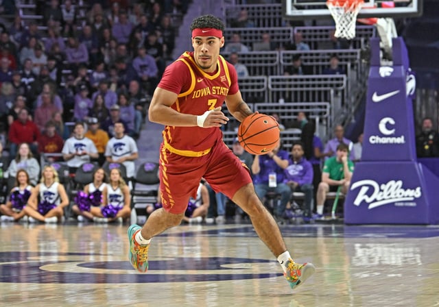Tamin Lipsey #3 of the Iowa State Cyclones dribbles up court against the Kansas State Wildcats in the first half at Bramlage Coliseum on March 8, 2025 in Manhattan, Kansas.