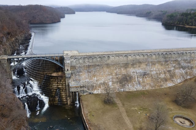 The New Croton Dam and the New Croton Reservoir that supplies part of New York City's drinking water is seen in Cortlandt, N.Y., on Thursday, March 20, 2025. (AP Photo/Ted Shaffrey)