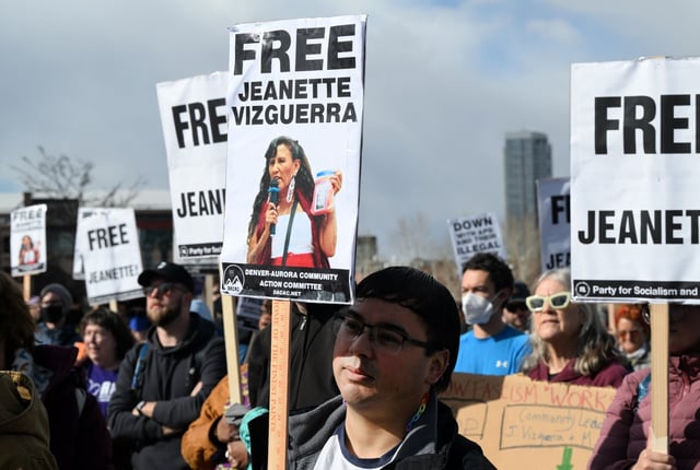 Dozens of people take part in a rally to show solidarity for Jeanette Vizguerra-Ramirez at the Tivoli Quad on the Auraria Campus at Metropolitan State University of Denver in Denver on March 19, 2025.  The rally, organized by Denver Students for a Democratic Society was held to show support and solidarity for Jeanette Viguerra. Vizguerra-Ramirez, 53, was arrested by ICE in Denver on March 17. Jeanette Vizguerra, an undocumented mother, was once named to Time’s 100 Most Influential list. (Photo by Helen H. Richardson/The Denver Post)