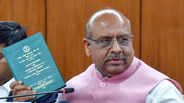 Speaker of Delhi Legislative Assembly, Vijender Gupta during a press in New Delhi.