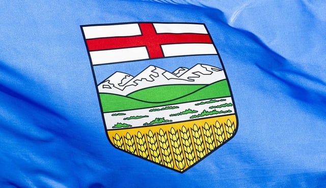 Alberta's provincial flag flies on a flag pole in Ottawa on July 6, 2020. 