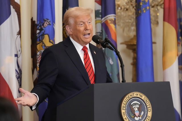 President Donald Trump speaks at an education event and executive order signing in the East Room of the White House in Washington, Thursday, March 20, 2025.