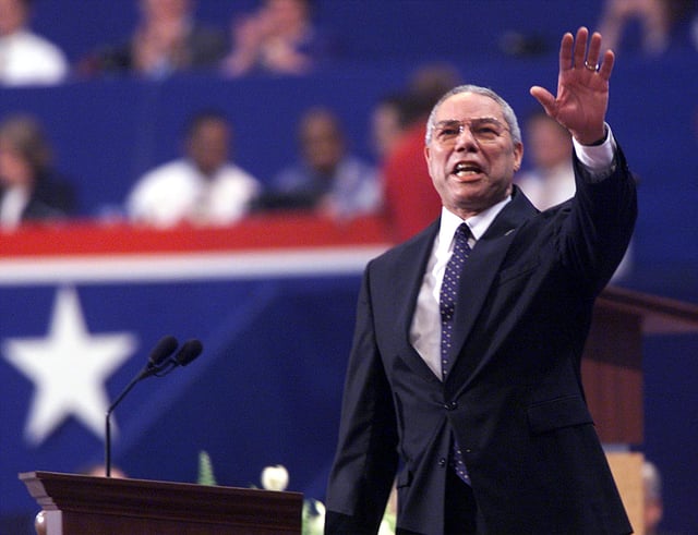Gen. Colin Powell, shown above at the 2000 Republican National Convention in Philadelphia, served as U.S. national security adviser, chairman of the Joint Chiefs of Staff and secretary of state. He was the first African American to hold any of the three positions.