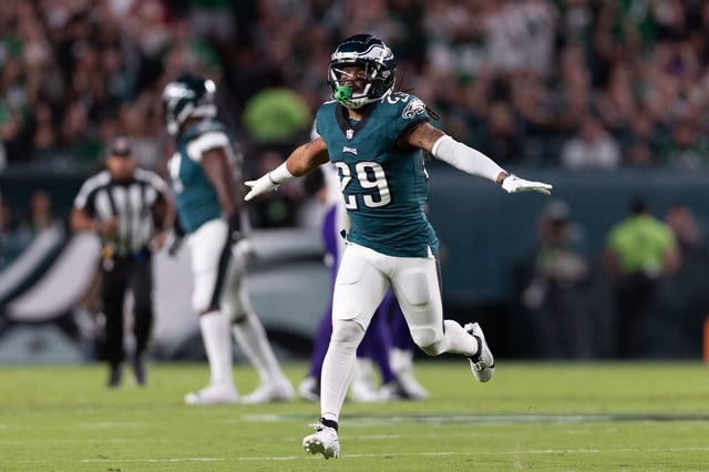 Sep 14, 2023; Philadelphia, Pennsylvania, USA; Philadelphia Eagles cornerback Avonte Maddox (29) reacts after a defensive stop against the Minnesota Vikings during the first quarter at Lincoln Financial Field. Mandatory Credit: Bill Streicher-USA TODAY Sports/ File Photo