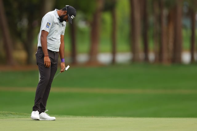 PALM HARBOR, FLORIDA - MARCH 20: Sahith Theegala of the United States reacts to a putt on the 17th green during the first round of the Valspar Championship 2025 at Innisbrook Resort and Golf Club on March 20, 2025 in Palm Harbor, Florida. (Photo by Douglas P. DeFelice/Getty Images)