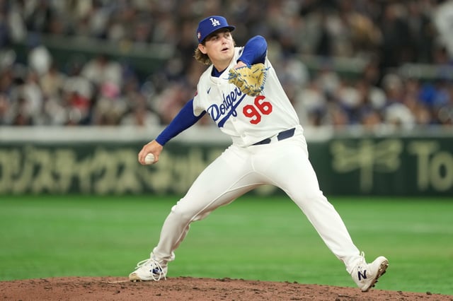 Mar 19, 2025; Bunkyo, Tokyo, JPN; Los Angeles Dodgers relief pitcher Landon Knack (96) delivers a pitch against the Chicago Cubs in the sixth inning during the Tokyo Series at Tokyo Dome. Mandatory Credit: Darren Yamashita-Imagn Images/ File Photo