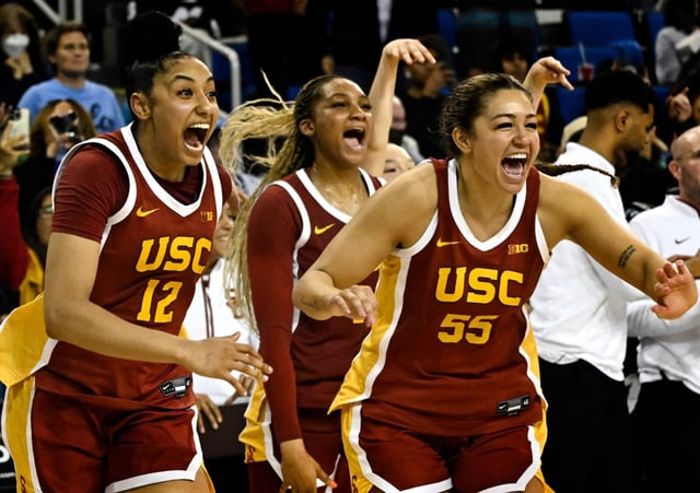 USC’s JuJu Watkins, left, and Talia von Oelhoffen celebrate after defeating UCLA to win the Big Ten regular-season title March 1, 2025, at Pauley Pavilion. (Photo by Keith Birmingham, Pasadena Star-News/ SCNG)
