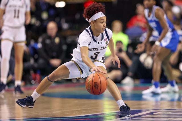 Mar 8, 2025; Greensboro, NC, USA; Notre Dame Fighting Irish guard Hannah Hidalgo (3) handles the ball during the second quarter against Duke Blue Devils at First Horizon Coliseum. Mandatory Credit: Cory Knowlton-Imagn Images/ File Photo