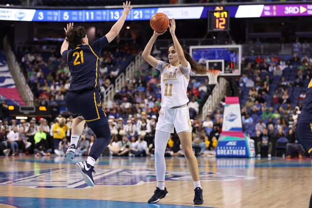 Mar 7, 2025; Greensboro, NC, USA;  Notre Dame Fighting Irish guard Sonia Citron (11) shoots the ball against California Golden Bears guard Ioanna Krimili (21) during the third quarter at First Horizon Coliseum. Mandatory Credit: Cory Knowlton-Imagn Images/ File Photo