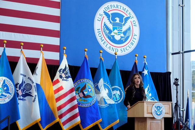 Homeland Security Secretary Kristi Noem speaks to employees at the Department of Homeland Security, Tuesday, Jan. 28, 2025, in Washington, U.S. Manuel Balce Ceneta/Pool via