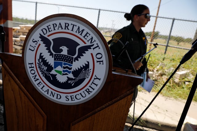 The seal of the U.S. Department of Homeland Security is seen after a news conference near the International Bridge between Mexico and the U.S., as U.S. authorities accelerate removal of migrants at border with Mexico, in Del Rio, Texas, U.S., September 19, 2021. REUTERS/Marco Bello