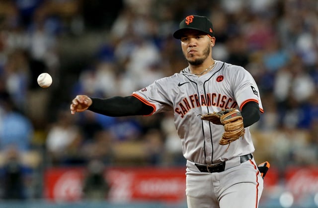 Jul 23, 2024; Los Angeles, California, USA; San Francisco Giants second baseman Thairo Estrada (39) throws to first for an out during the fifth inning against the Los Angeles Dodgers at Dodger Stadium. Mandatory Credit: Jason Parkhurst-USA TODAY Sports/ File Photo