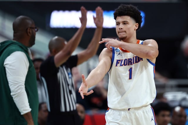 Walter Clayton Jr. #1 of the Florida Gators celebrates after a three-point basket against the Norfolk State Spartans during the first half in the first round of the NCAA Men’s Basketball Tournament at Lenovo Center on March 21, 2025 in Raleigh, North Carolina. (Photo by Jared C. Tilton/Getty Images)