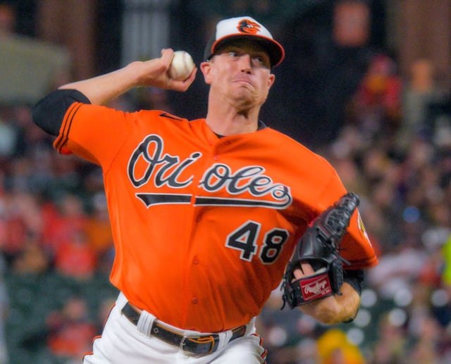 Baltimore Orioles starting pitcher Kyle Gibson (48) delivers against the Boston Red Sox during the third of a four-game weekend AL-East division series at Oriole Park at Camden Yards Friday Sept. 30, 2023. (Karl Merton Ferron/Baltimore Sun Staff)