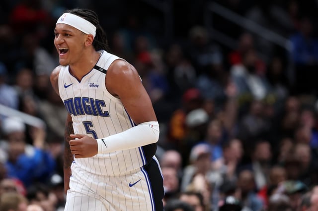 WASHINGTON, DC - MARCH 21: Paolo Banchero #5 of the Orlando Magic celebrates against the Washington Wizards during the first half at Capital One Arena on March 21, 2025 in Washington, DC. NOTE TO USER: User expressly acknowledges and agrees that, by downloading and or using this photograph, User is consenting to the terms and conditions of the Getty Images License Agreement. (Photo by Patrick Smith/Getty Images)