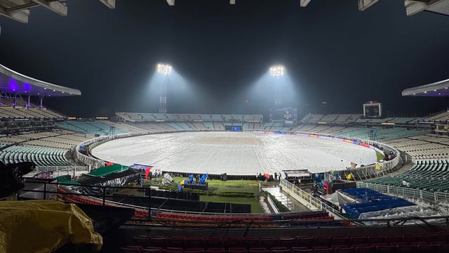 Covers had to be put on the Eden Gardens Stadium ground due to rain on the eve of the IPL 2025 KKR vs RCB opening match. 