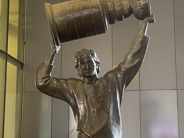 The Wayne Gretzky statue outside of Rogers Place has been vandalized with excrement in Edmonton on Friday March 21, 2025. 
