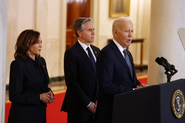 Kamala Harris, Antony Blinken et Joe Biden à la Maison Blanche, Washington, le 15 janvier 2025.