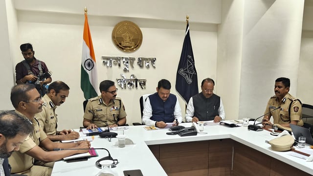 Maharashtra chief minister Devendra Fadnavis holds a review meeting with police officials regarding the recent incidents of violence in Nagpur, on March 22, 2025.