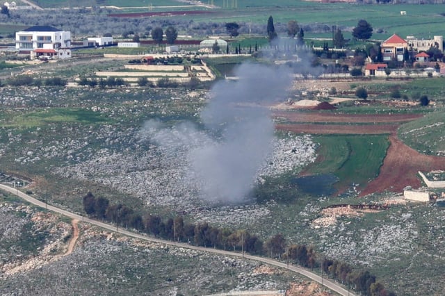 Smoke billows from the site of Israeli artillery shelling that targeted the area of the southern Lebanese village of Yohmor on March 22, 2025.