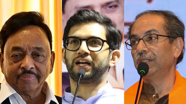 (L-R): BJP MP Narayan Rane, Shiv Sena (UBT) leader Aaditya Thackeray and former Maharashtra chief minister Uddhav Thackeray.